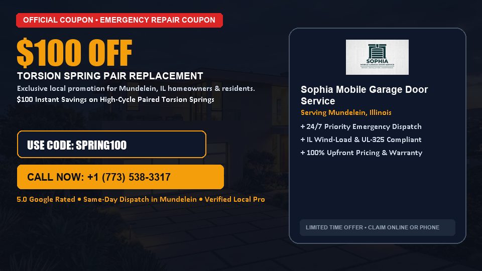 $100 OFF Dual High-Cycle Torsion Spring Replacement in Mundelein, IL - Sophia Mobile Garage Door Service